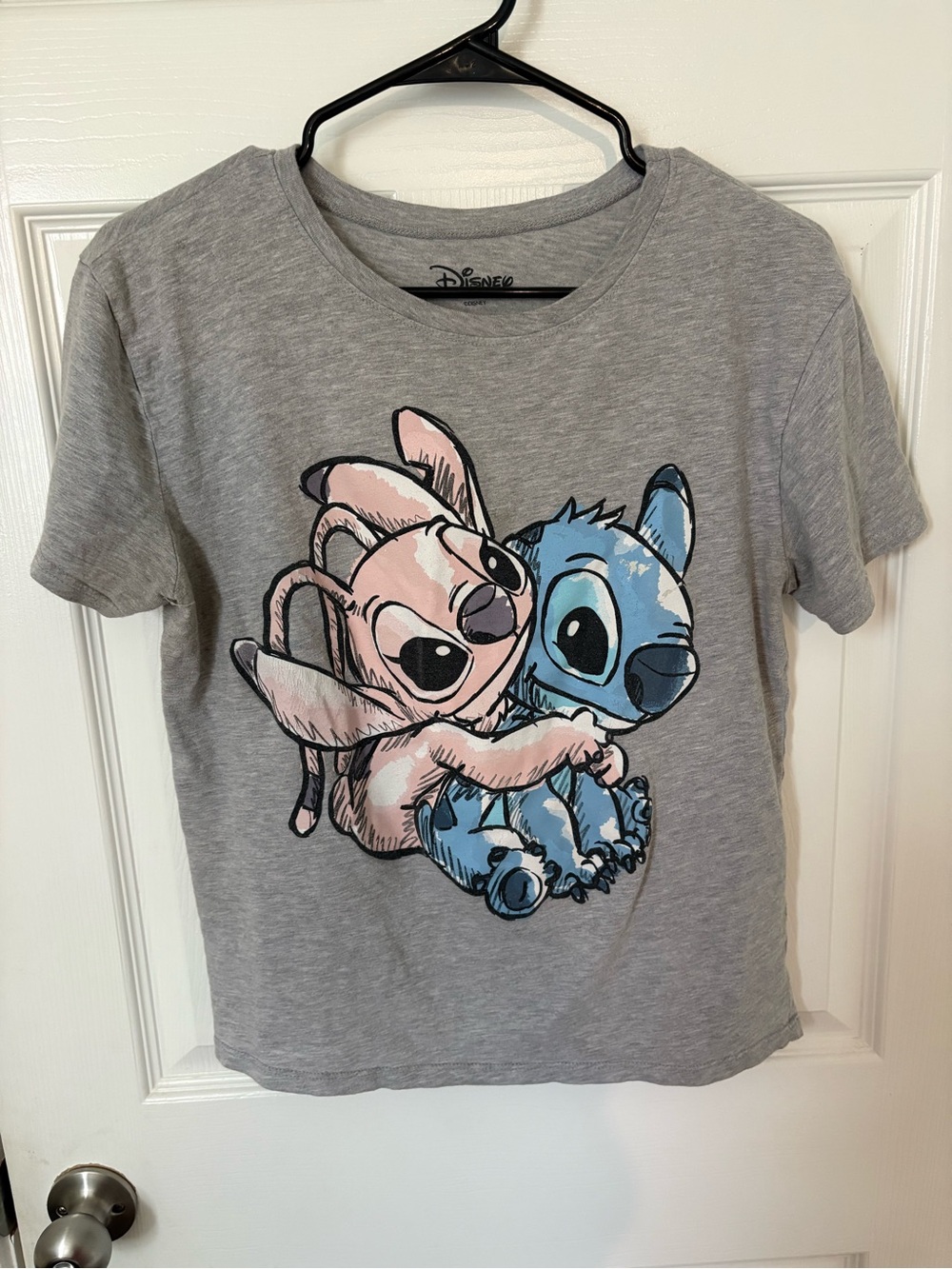Disney Grey Kids Tee with Pink Angel & Blue Stitch Graphic